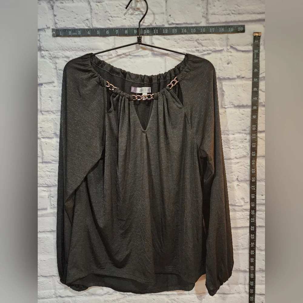 Jennifer Lopez black blouse silver chain accent at collar Medium